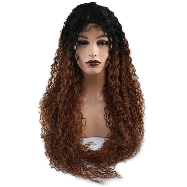 Afro Dalga Fiber Sentetik Tül Peruk - Siyah / Karamel Ombreli