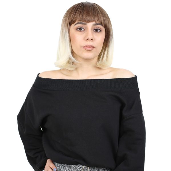 Kısa Küt Perçemli Fiber Sentetik Peruk - Kumral - Platin Ombreli